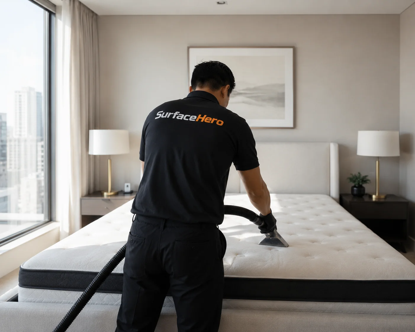 SurfaceHero specialist working on mattress in Montreal
